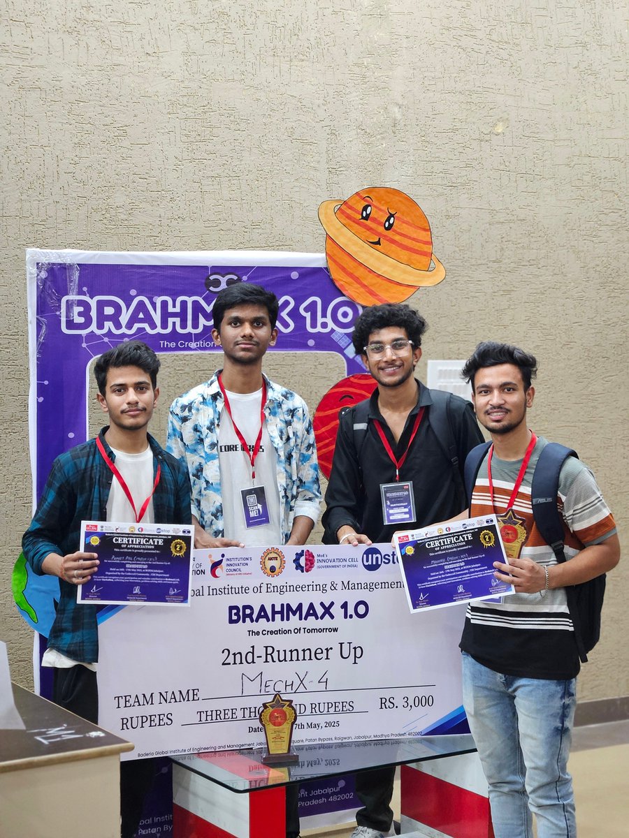 its_punit05's tweet image. Proud to share that Team MechX secured 2nd Runner-Up at #BRAHMAX1_0 — a national hackathon by BGIEM, Jabalpur!
24+ hrs of building, learning &amp;amp; grinding with an amazing team: @RounakSoni4U, @officiali_mannu ,@VedantSanodiya
Big win, bigger lessons!
#Hackathon #MechX4 
@codecrax_
