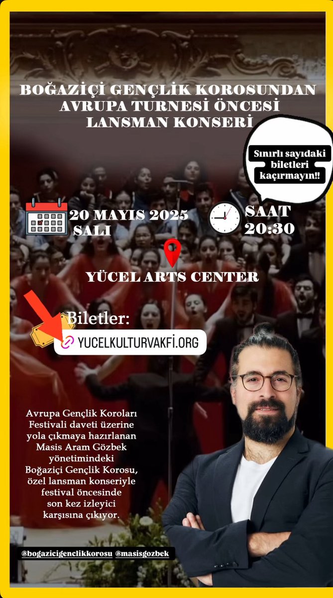 Boğaziçi Gençlik Korosundan Avrupa Turnesi Öncesi Lansman Konseri

📌bilet için: yucelkulturvakfi.org/bogazici-gencl…

📅 20 Mayıs 2025 Salı – 🕗 Saat 20:30
📍 Yücel Arts Center