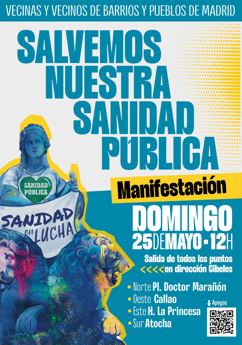 El domingo #25M toda las vecinas y vecinos de barrios y pueblos de Madrid nos unimos de nuevo para salvar nuestra #SanidadPública de las privatizaciones. ¿Nos ayudas?

✅ Colabora con tu asociación o colectivo vecinal.
✅ Difunde este mensaje.
✅ Vente a la MANI