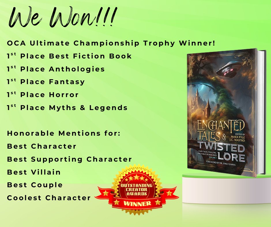 🎉 We won BIG at the #OutstandingCreatorAwards!
🏆 Ultimate Championship Trophy
🥇 1st Place - Best Fiction Book, Anthology, Fantasy, Horror, Myths &amp; Legends
🌟 Honorable Mentions: Best Character, Villain, Couple, Coolest Character &amp; more!
#Fantasy #Anthology #CabbitCrossing