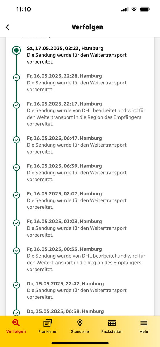 BobTheBrain's tweet image. Hallo x.com/DHLPaket, könnt ihr erklären, wo mein Paket ist? Seit 5. Mai habe ich über 40 Benachrichtigungen erhalten, mit der Info “Die Sendung wurde für den Weitertransport vorbereitet.” Was kann ich tun?