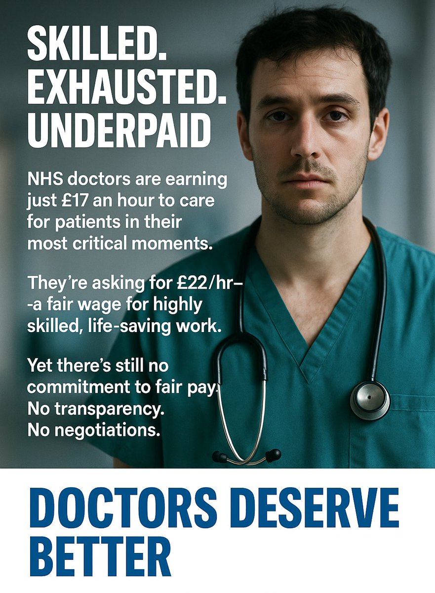 Dr Haseena Wazir (@drhwazir) on Twitter photo Skilled. Exhausted. Underpaid. That’s the reality for NHS doctors earning just £17/hr to care for your loved ones in their most critical moments.
Resident doctors are asking for £22/hr. A fair wage for highly skilled work.
But <a href="/wesstreeting/">Wes Streeting</a> won’t even come to the table. He’s Skilled. Exhausted. Underpaid. That’s the reality for NHS doctors earning just £17/hr to care for your loved ones in their most critical moments.
Resident doctors are asking for £22/hr. A fair wage for highly skilled work.
But <a href="/wesstreeting/">Wes Streeting</a> won’t even come to the table. He’s