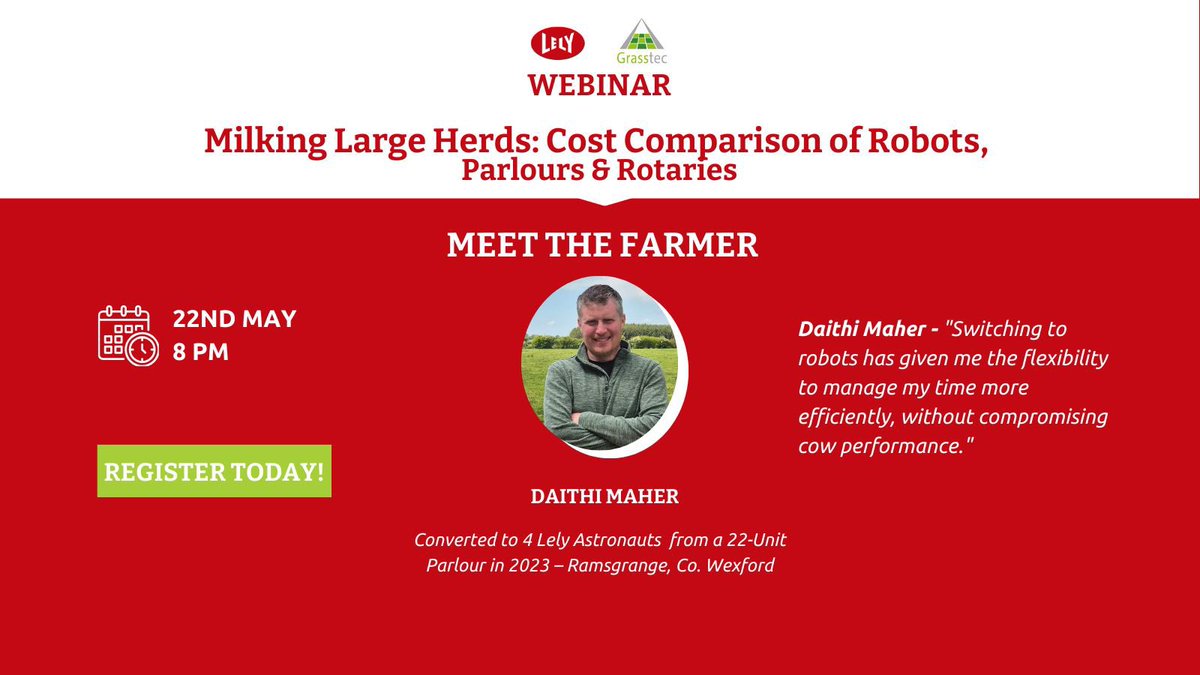 Real Farm, Real Costs

Meet Daithí Maher — who switched from a 22-unit parlour to 4 Lely Astronauts in 2023.

Hear his story on costs, savings, and lessons learned

🗓️Thursday, May 22nd at 8:00PM

📊 Don’t miss the Milking Large Herds: Cost Comparison of Robots, Parlours &amp;