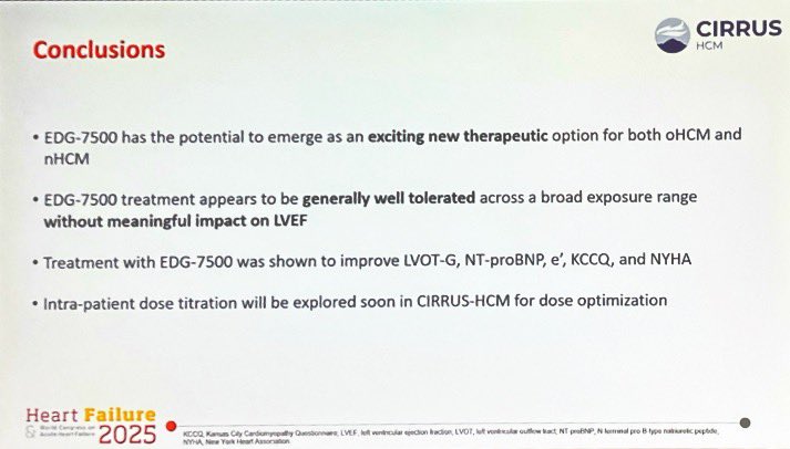 Nikolay Novitskiy (@novitskiynic) on Twitter photo 🔥 HOT #HeartFailure2025
#CIRRUSHCM
Cardiac sarcomere modulator EDG-7500 in hypertrophic cardiomyopathy:
📌 exciting new therapeutic option for both oHM
📌 well tolerated without meaningful impact on LVEF
📌 improve LVOT-G, NT-proBNP, e', KCCQ, and NYHA
<a href="/escardio/">European Society of Cardiology</a> <a href="/tikuowens/">Anjali Owens</a> 🔥 HOT #HeartFailure2025
#CIRRUSHCM
Cardiac sarcomere modulator EDG-7500 in hypertrophic cardiomyopathy:
📌 exciting new therapeutic option for both oHM
📌 well tolerated without meaningful impact on LVEF
📌 improve LVOT-G, NT-proBNP, e', KCCQ, and NYHA
<a href="/escardio/">European Society of Cardiology</a> <a href="/tikuowens/">Anjali Owens</a>