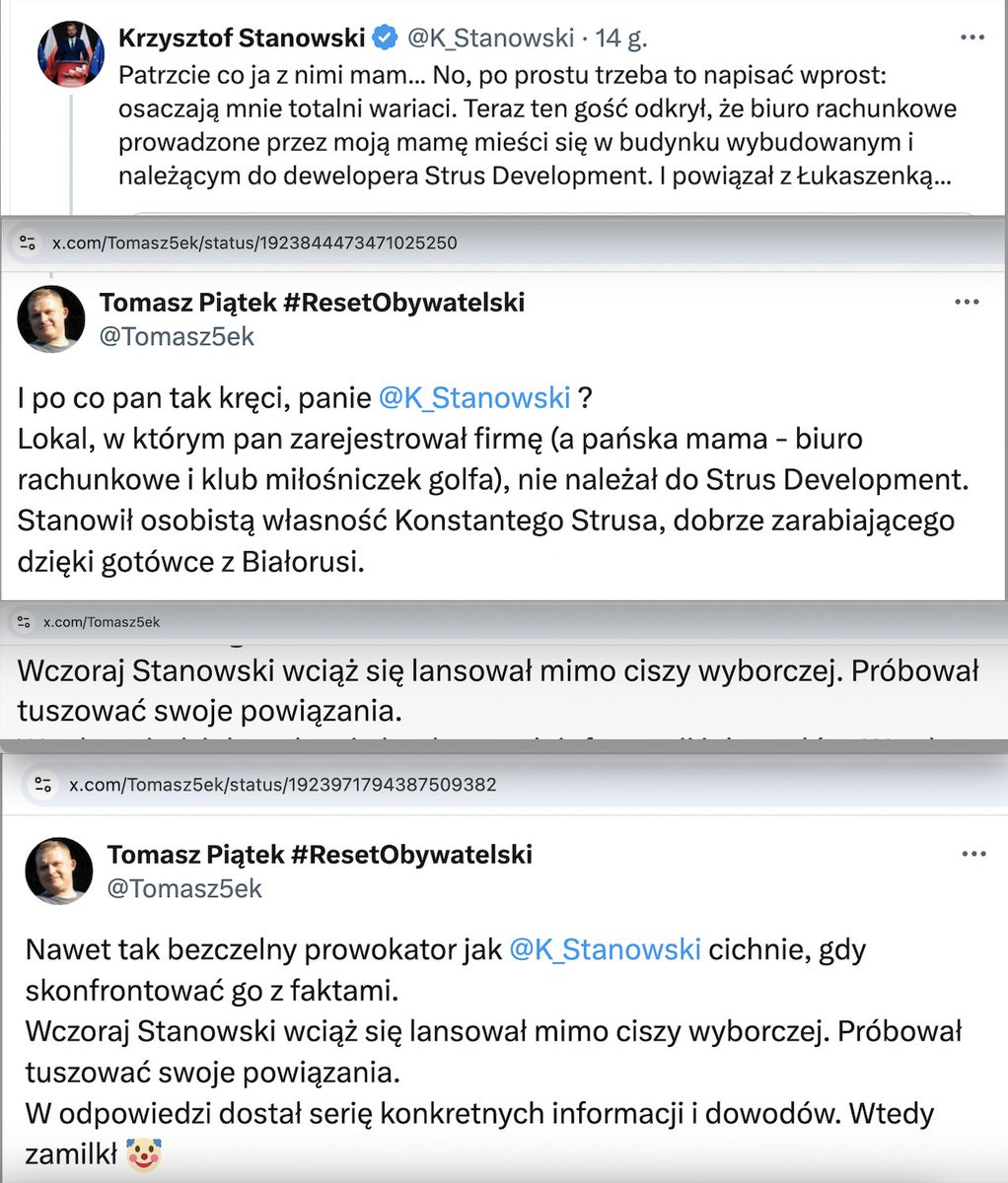 Pan <a href="/K_Stanowski/">Krzysztof Stanowski</a> pogwałcił wczoraj ciszę wyborczą.
Publicznie próbował się wybielać ze swoich powiązań.
Nagłośniłem to złamanie ciszy i odpowiedziałem na nieuczciwe wywody Stanowskiego.
Teraz Stanowski próbuje wmawiać swoim wyznawcom, że to ja złamałem ciszę.
Dzięki za RT!