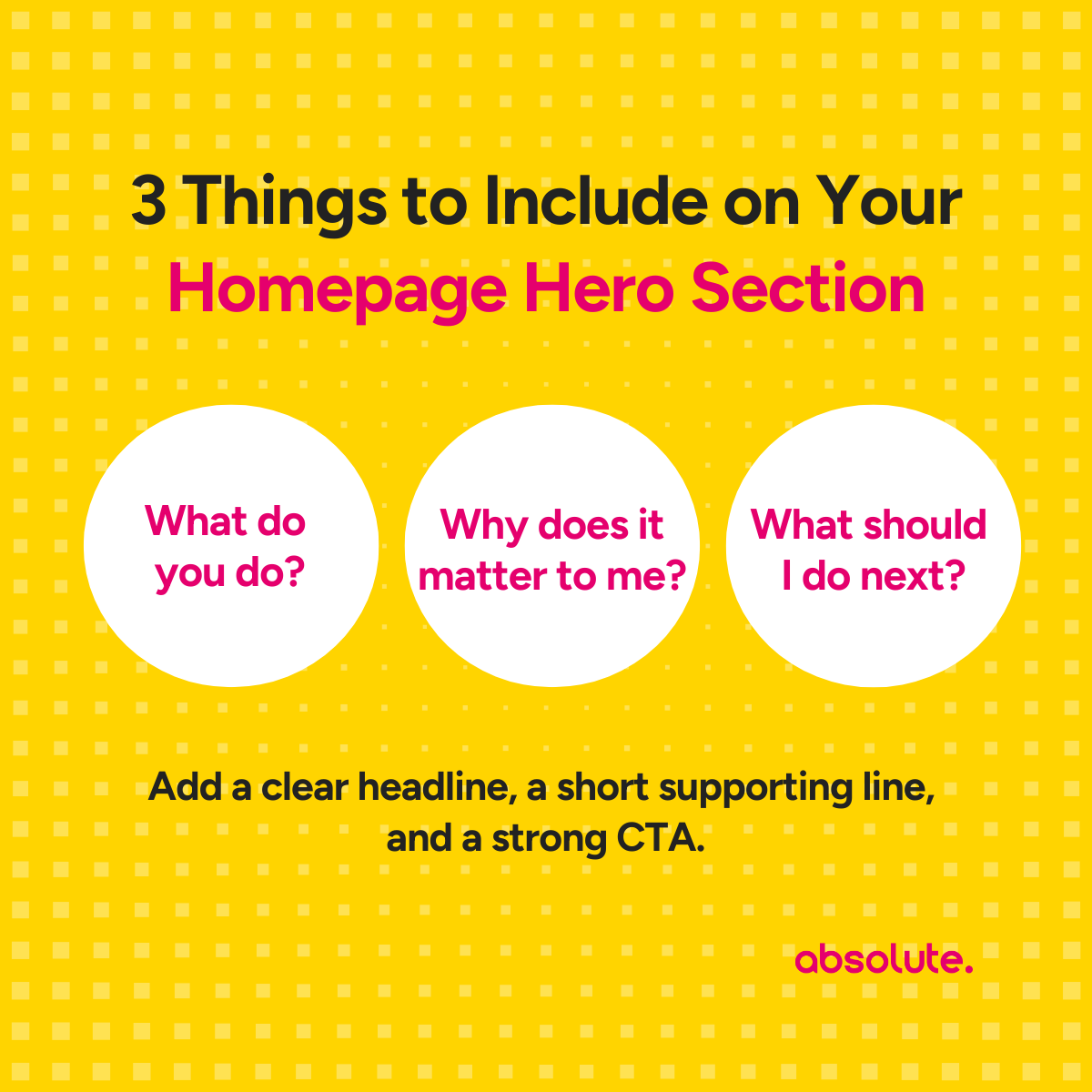 AbsoluteDMedia's tweet photo. 3 Things to Include on Your Homepage Hero Section

First impressions matter. Your homepage hero should answer:

1️⃣ What do you offer?
2️⃣ Why should I care?
3️⃣ What’s next?

Clarity converts.

#WebDesign #UXTips #DigitalMarketing #CRO https://t.co/22WzOgv8MQ