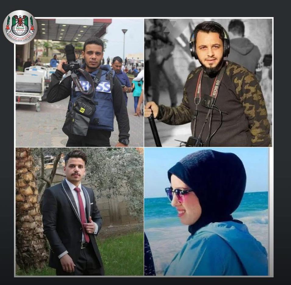 Latest mediacide by Israeli bombs in Gaza: four journalists and their families wiped out.  Noor Qandil, her husband journalist Khaled Abu Seif in Deir al-Balah;• Aziz Al-Hajjar wife and children in Beit Al-Naaja; and Abdul Rahman Al-Abadla in Al-Qarara. <a href="/IFJGlobal/">IFJ</a> <a href="/NUJofficial/">NUJ</a>