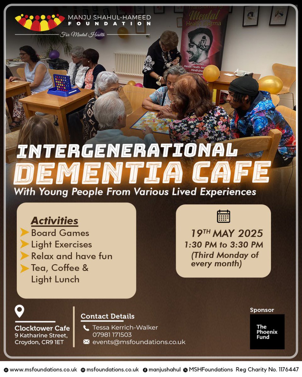CllrDrManjuShahul (@manjushahul) on Twitter photo The next intergenerational Dementia Cafe by <a href="/MSHFoundations/">MSH Foundations</a> is tomorrow, 19th May at Clocktower Cafe at 1.30 pm. Join us for board games, light exercises and light lunch. <a href="/DementiaUK/">Dementia UK</a> <a href="/alzheimerssoc/">Alzheimer's Society</a> <a href="/AgeUKCroydon/">Age UK Croydon</a> <a href="/yourcroydon/">Your Croydon</a> <a href="/LondonFire/">London Fire Brigade</a> The next intergenerational Dementia Cafe by <a href="/MSHFoundations/">MSH Foundations</a> is tomorrow, 19th May at Clocktower Cafe at 1.30 pm. Join us for board games, light exercises and light lunch. <a href="/DementiaUK/">Dementia UK</a> <a href="/alzheimerssoc/">Alzheimer's Society</a> <a href="/AgeUKCroydon/">Age UK Croydon</a> <a href="/yourcroydon/">Your Croydon</a> <a href="/LondonFire/">London Fire Brigade</a>