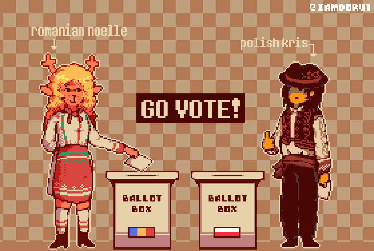 IamDoru1's tweet photo. To my Romanian and Polish friends, who both have presidential elections today, GO VOTE! - Shitpost Sunday #23
#deltarune #deltaruneart #noelleholiday #pixelart #shitpostsundayDR #romanianelections #poland https://t.co/4QmcKOKsBB