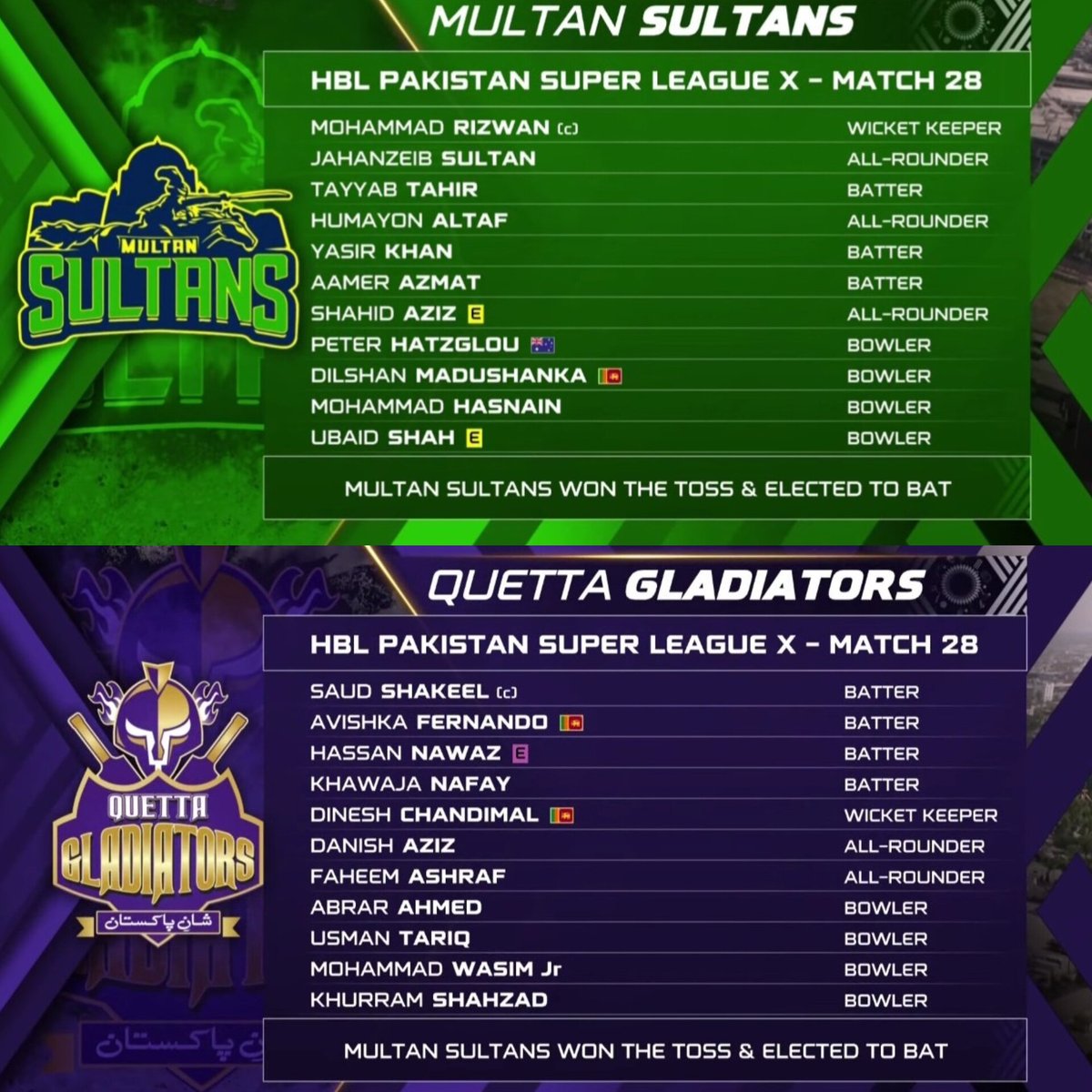CricFollow56's tweet photo. TOSS UPDATE 🚨 —The Multan Sultans won the toss and opted to bat first. #MSvsQG https://t.co/Mala2E1Mqa
