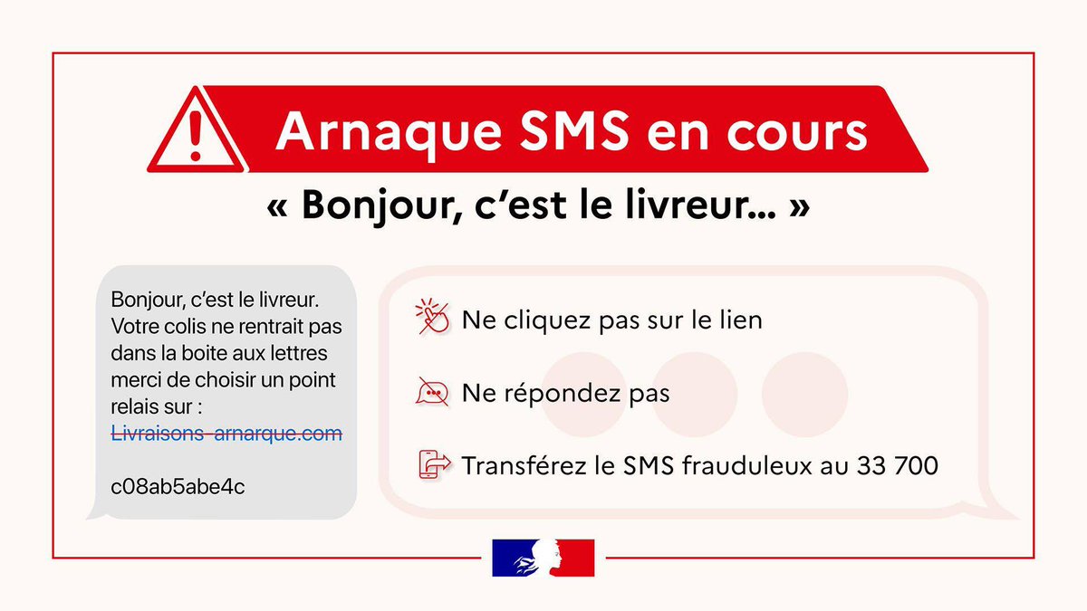 #StopArnaque I 📲 Vous avez reçu un message par SMS ou par e-mail qui semble provenir d’un service de livraison ?
⚠ Attention ! Cette tentative d'hameçonnage circule depuis quelque temps ➡ ne répondez pas, ne transmettez aucune information et ne cliquez sur aucun lien. 
✅