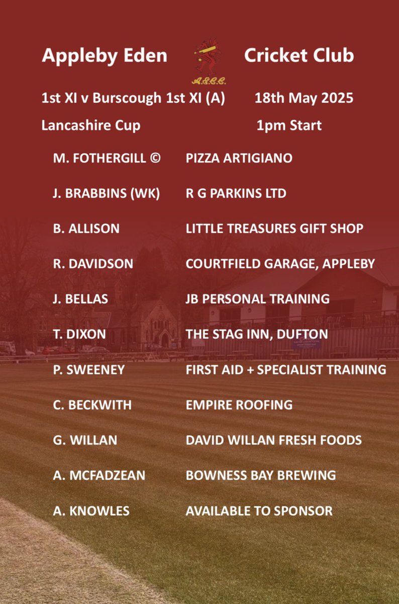 Sunday Game Day
1st XI v Burscough (A) 1pm
3rd XI v Ingleton 2s (H) 1pm
Bar Open 1pm ☀️🏏
#AECC