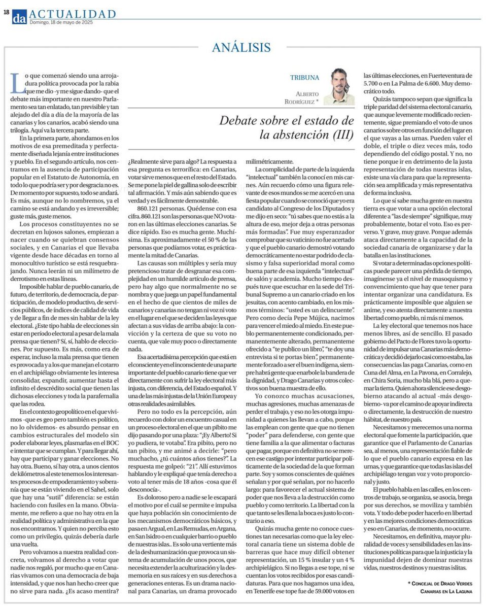 DRAGO (@drago_canarias) on Twitter photo ✍🏽 OPINIÓN | "860.121 personas. Quédense con esa cifra. 860.121 son las personas que NO votaron en las últimas elecciones canarias. Se dice rápido. Eso es mucha gente. Muchísima".
🔗 <a href="/Alber_Canarias/">Alberto Rodríguez</a> para <a href="/diariodeavisos/">Diario de Avisos</a>:
diariodeavisos.elespanol.com/2025/05/debate… ✍🏽 OPINIÓN | "860.121 personas. Quédense con esa cifra. 860.121 son las personas que NO votaron en las últimas elecciones canarias. Se dice rápido. Eso es mucha gente. Muchísima".
🔗 <a href="/Alber_Canarias/">Alberto Rodríguez</a> para <a href="/diariodeavisos/">Diario de Avisos</a>:
diariodeavisos.elespanol.com/2025/05/debate…