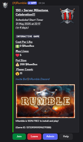 200 $RumBux Prize Pot Game!!

To celebrate the 150 server mile stone, there is a one off large prize pot rumble schedule to start in the next few days.

If you've been seeing these posts and wondered what this Hedera Rumble bot is all about, this would be a great one to jump in