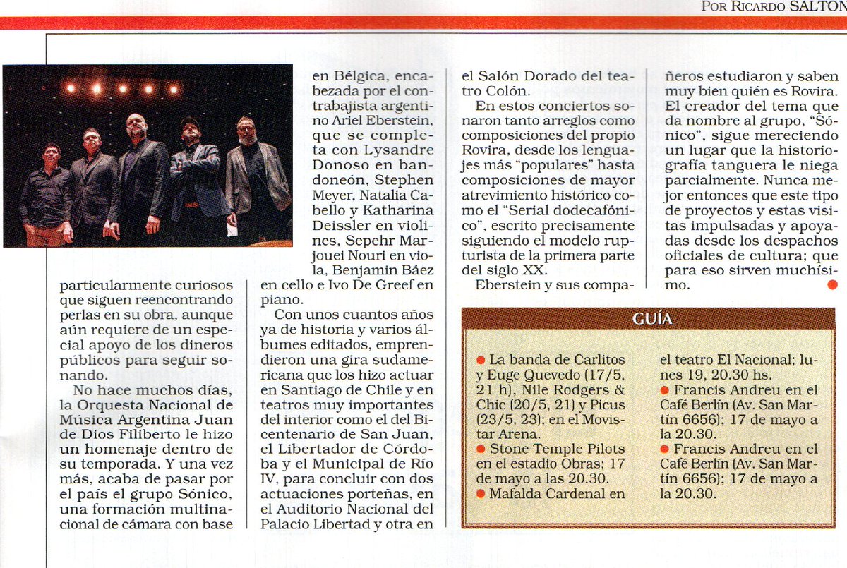 En tiempos de veda, la música.
Eduardo Rovira y el grupo Sónico en <a href="/noticiasrevista/">Revista Noticias</a> #2525 17/5/25
<a href="/felipeleibovich/">Felipe Leibovich</a> <a href="/STPBand/">Stone Temple Pilots</a> <a href="/MovistarArenaAR/">MovistarArenaAR</a> <a href="/elnacionalss/">Teatro El Nacional</a> <a href="/mafaldacardenal/">mafalda cardenal</a> <a href="/FrancisAndreuOk/">Francis Andreu</a> <a href="/cafeberlinbsas/">Café Berlín Buenos Aires</a> <a href="/lysandredonoso/">Lysandre Donoso</a> 

#Musica #tango_live