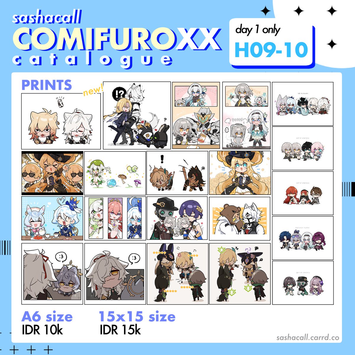 sashacall's tweet image. [RT ]
Here’s my catalogue for #ComifuroXX !
all items are OTS only

📍booth no.: H09-10 (Saturday only)
🌟 fandoms: HSR, GBF, ZZZ

more in reply
—
#ComifuroXXcatalogue #CFXX