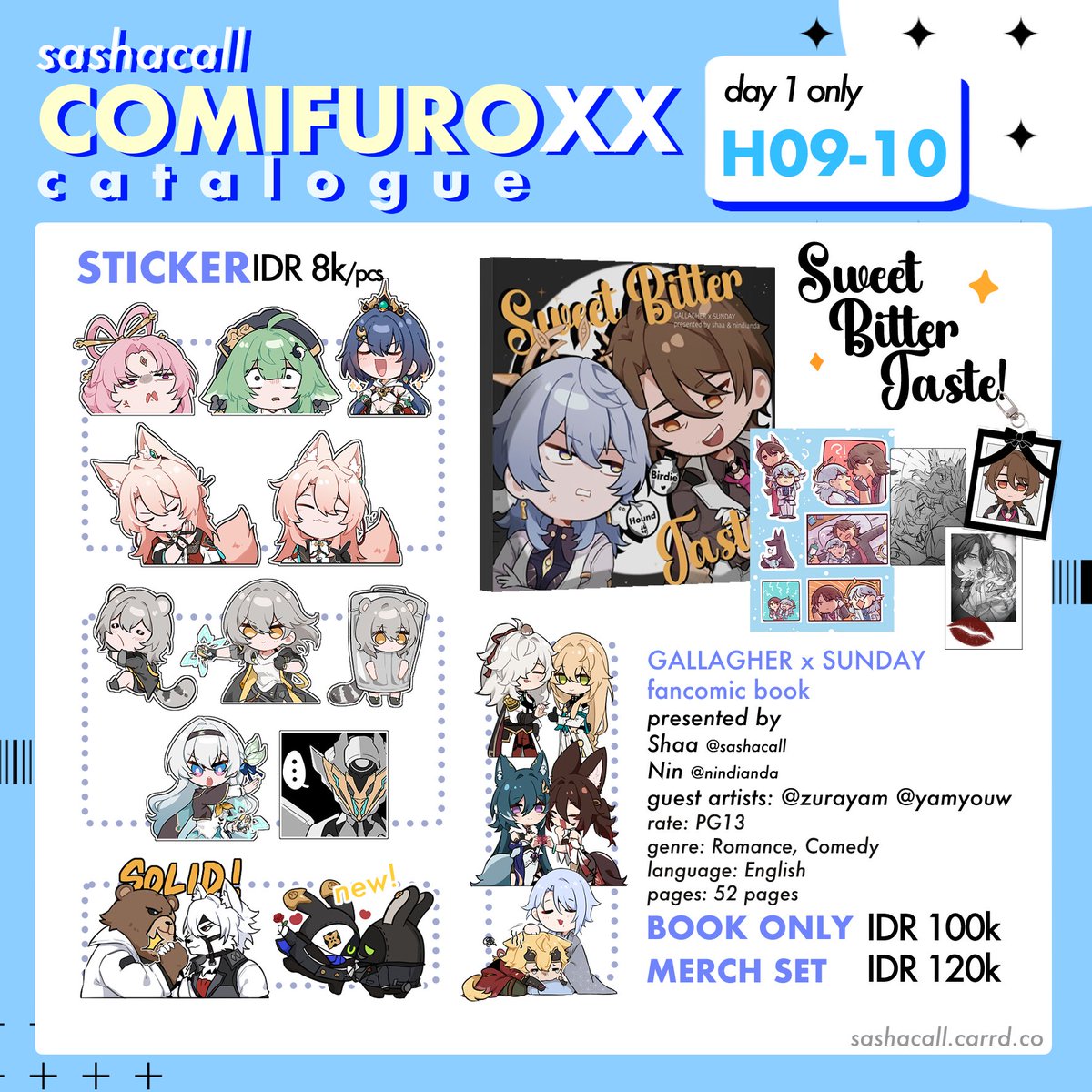 sashacall's tweet image. [RT ]
Here’s my catalogue for #ComifuroXX !
all items are OTS only

📍booth no.: H09-10 (Saturday only)
🌟 fandoms: HSR, GBF, ZZZ

more in reply
—
#ComifuroXXcatalogue #CFXX