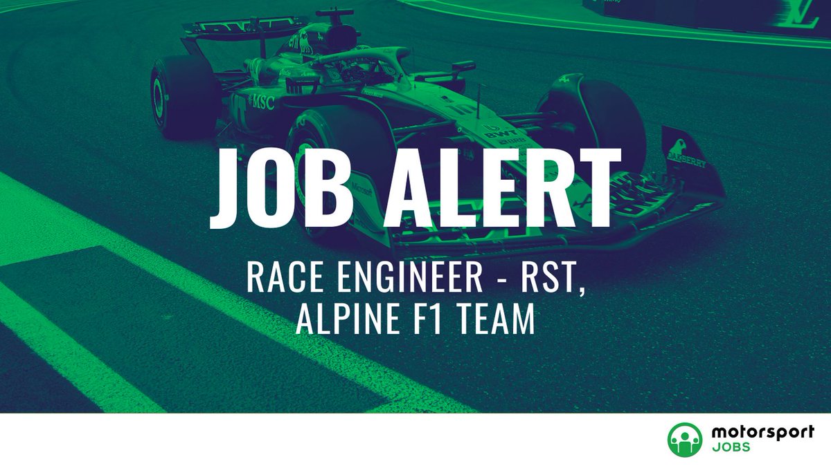 Motorsport_Jobs's tweet photo. Race Engineer, RST - @alpinef1team 

Apply 🔗 https://t.co/cAVpX4BwlP

#motorsportjobs #motorsport #jobs #jobalert #jobsinmotorsport #HowtogetajobinF1 #workinf1 #f1jobs #jobsinf1 #F1 #alpine #alpinef1 #raceengineer #RST #ATLAS #MATLAB #Simulink #Python #Race #Engineering https://t.co/NU0fYSomvX