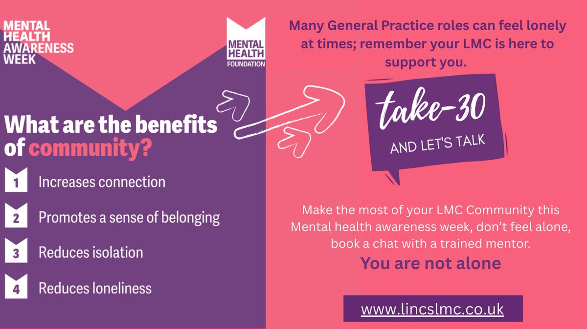 This #MentalHealthAwarenessWeek celebrates community, together for good mental health.  Make the most of your Lincs LMC Community by booking a Take-30 call. You are not alone.

#ThisIsMyCommunity
#LincsLMC
#LincsLMCWellbeing
#ImpactLincs