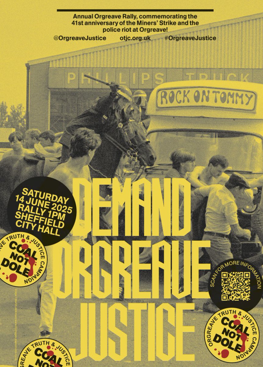 orgreavejustice's tweet photo. ORGREAVE ANNIVERSARY MARCH AND RALLY
Saturday 14 June 2025
Assemble 1pm City Hall, Barkers Pool, Sheffield, S1 2JA
SUPPORT US IN OUR CAMPAIGN FOR TRUTH AND JUSTICE #OrgreaveInquiryNow #OrgreaveRally2025 #MinersStrike

https://t.co/OhCyqnFFUL https://t.co/JbxBtAx25H