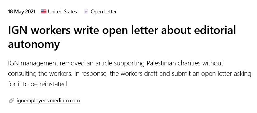 #OtD 18 May 2021 Workers published an open letter in response to IGN Management removing an article supporting Palestinian charities gameworkersolidarity.com/action/2021-05…