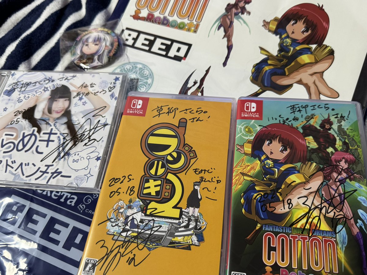 kusayanagi107's tweet photo. BEEPさんにて試遊&amp;ゲーム購入✨
［NS］ラジルギ2
［NS］コットン リブート！
試遊のグッズ

るなっち🌟ほし( @runaporitan ) さんにCDとソフトにサインして頂きました✨
ありがとうございます😊
HNの話がいろいろと出来て楽しかったです♪ライブ素敵でした🌟

#igm5
#インディゲームマーケット https://t.co/52BqfwojgQ