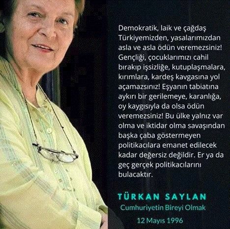 O Bir Cumhuriyet Kadını Türkan SAYLAN ölümünün 16 yıl dönümünde sevgi saygı ve Rahmetle Anıyorum 🥀
18/5/2009