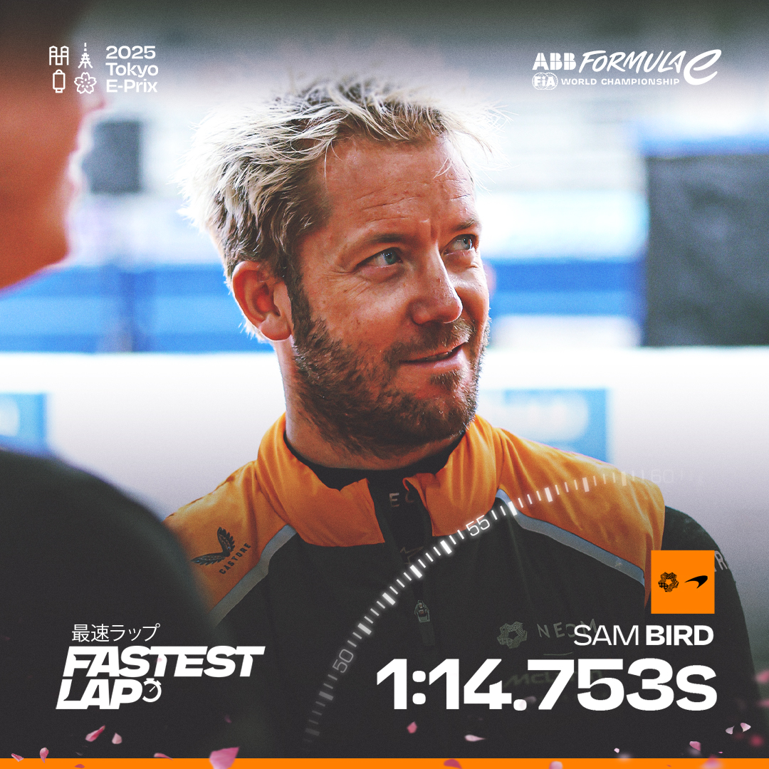 FIAFormulaE's tweet photo. Leaving Tokyo with an extra point 👏

Congrats to NEOM @McLarenFE driver @SamBirdofficial  for setting the Fastest Lap in the race.

#TokyoEPrix https://t.co/pAxbNbycqd