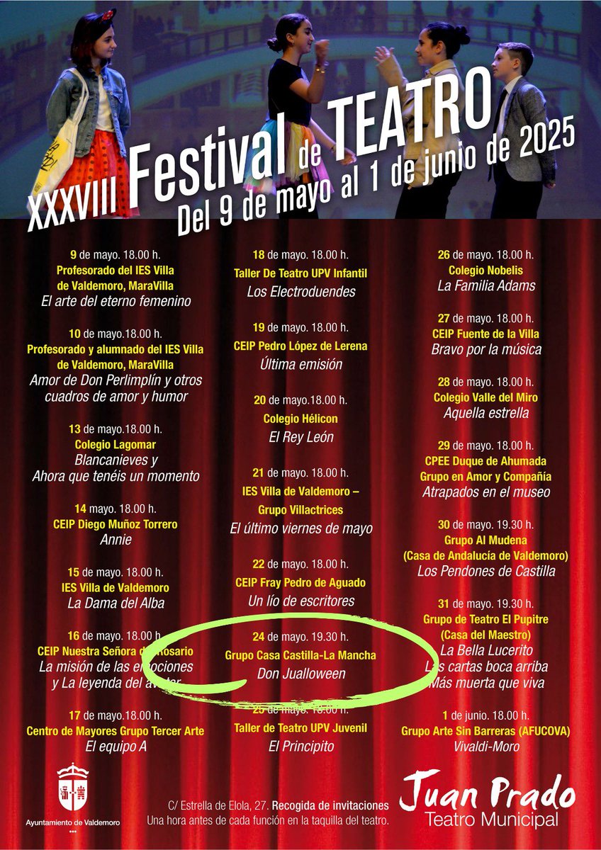 🎭 Este próximo sábado, 24 de mayo, nuestro equipo de teatro se sube a las tablas del Juan Prado de Valdemoro en el XXXVIII Festival de Teatro de la localidad. 

🎟️ Invitaciones: Una hora antes en taquilla.

#Valdemoro #Teatro #FestivaldeTeatro #CastillalaMancha