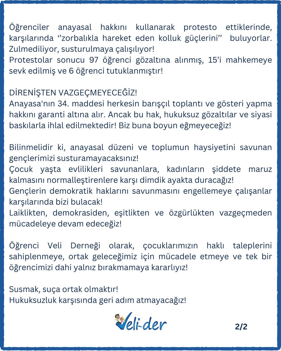 VeliderB's tweet photo. Çocuk yaşta evlilikleri savunanlara, kadınların şiddete maruz kalmasını normalleştirenlere karşı dimdik ayakta duracağız! 
Çocuklarımızın haklı taleplerini sahiplenmeye, ortak geleceğimiz için mücadele etmeye ve tek bir öğrencimizi dahi yalnız bırakmamaya kararlıyız! https://t.co/b0ftuizUjU
