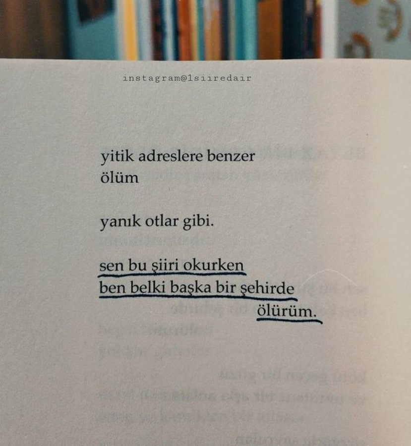 "Sen bu şiiri okurken  
Ben belki başka bir şehirde  ölürüm"