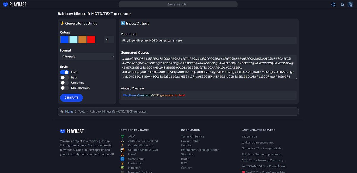 playbase_pro's tweet image. 🎨 Tired of manually colorizing your Minecraft server MOTD? Try our MOTD Generator – create stunning messages in just a few clicks!

✨ Customize your style effortlessly.
🔗 Check it out on Playbase!
playbase.pro/en/tools/rainb…

#Minecraft #MOTD #ServerTools