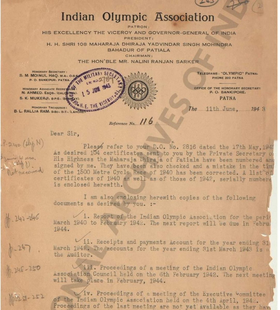 Indian Olympic Association in the 1930s, 40s and 50s operated from Patna, Bihar. S. M. Moinul Haq was its Honorary Secreatary during the period, &amp; thus incharge of the association. Patron was the Viceroy and Maharaja of Patiala was the President.