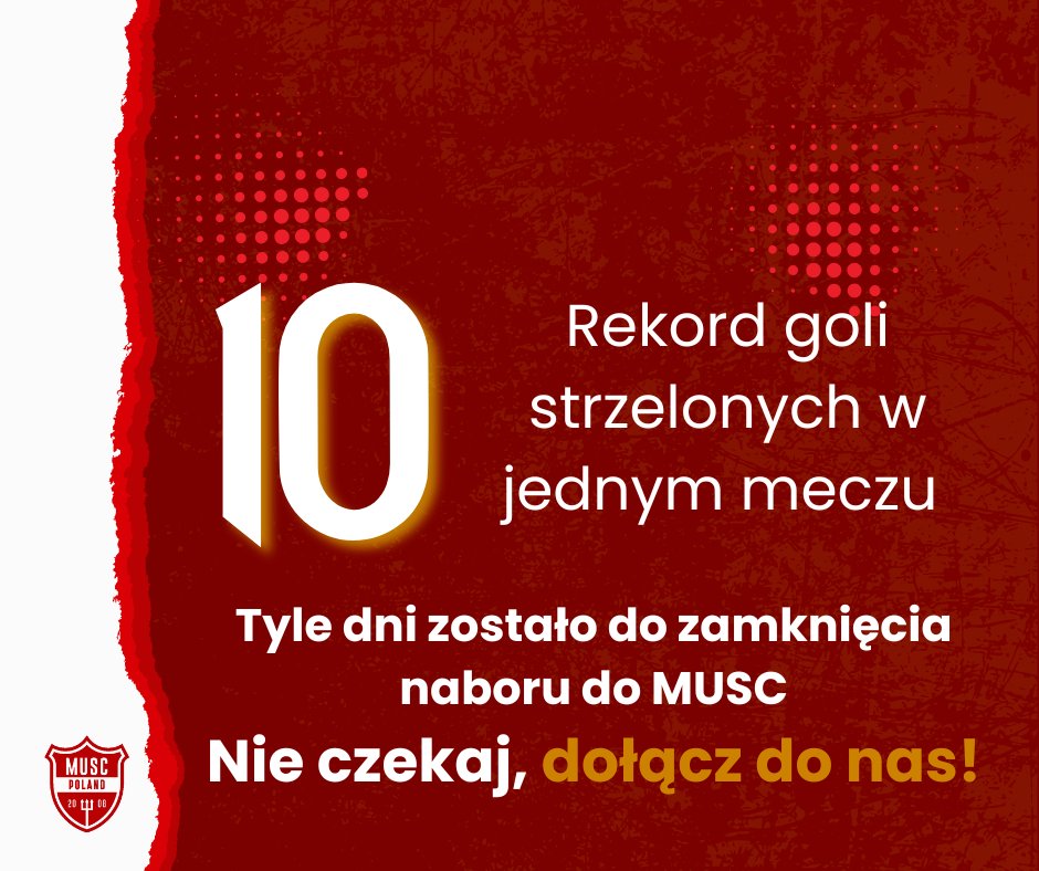 #Odliczamy czas do końca naboru do MUSC. Macie 10 dni na dołączenie.

10:0 to najwyższa wygrana w historii Manchesteru United - kto pamięta, z kim wykręciliśmy ten rekordowy wynik?

Nie zwlekajcie, wejdźcie w link: musc.pl/dolacz-do-nas/ i wstąpcie w szeregi MUSC!