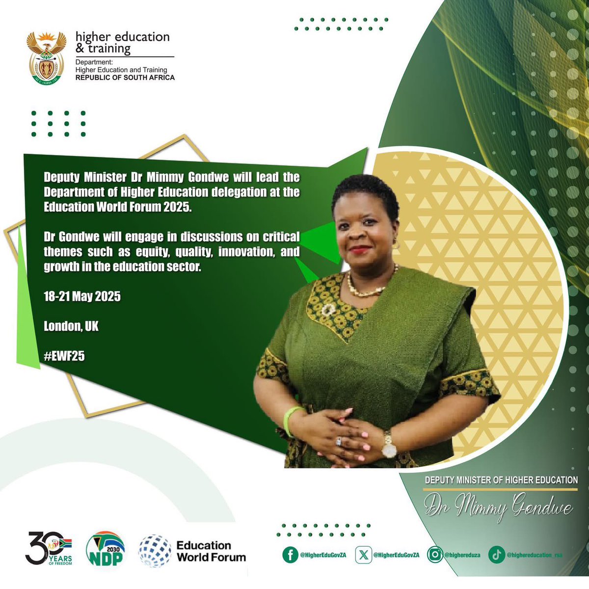 STATEMENT: Deputy Minister Dr Mimmy Gondwe leads Department of Higher Education and Training delegation at the Education World Forum 2025. <a href="/TheEWF/">EducationWorldForum</a> <a href="/HigherEduGovZA/">HigherEducationZA</a> 
#EWF2025