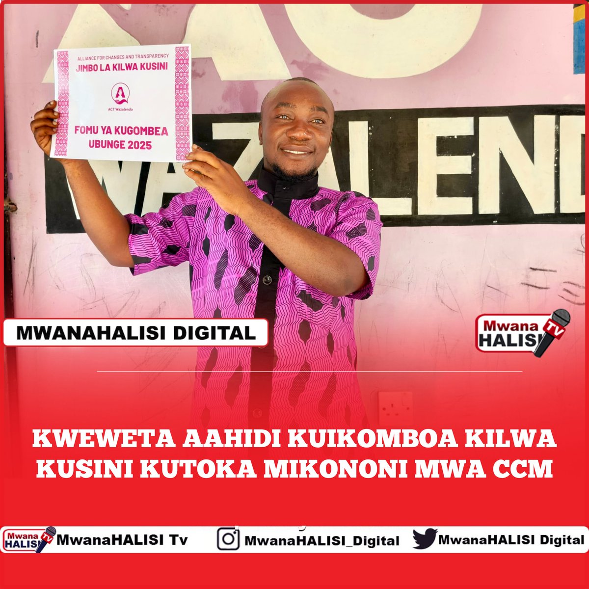 Katibu Mkuu Kiongozi wa Baraza Kivuli la Mawaziri wa ACT Wazalendo, Idrissa Kweweta, leo Mei 18, 2025, amechukua rasmi fomu ya kugombea Ubunge wa Jimbo la Kilwa Kusini kupitia tiketi ya chama hicho, katika hafla ya kisiasa iliyojaa matumaini na hamasa ya mabadiliko.

Fomu hiyo