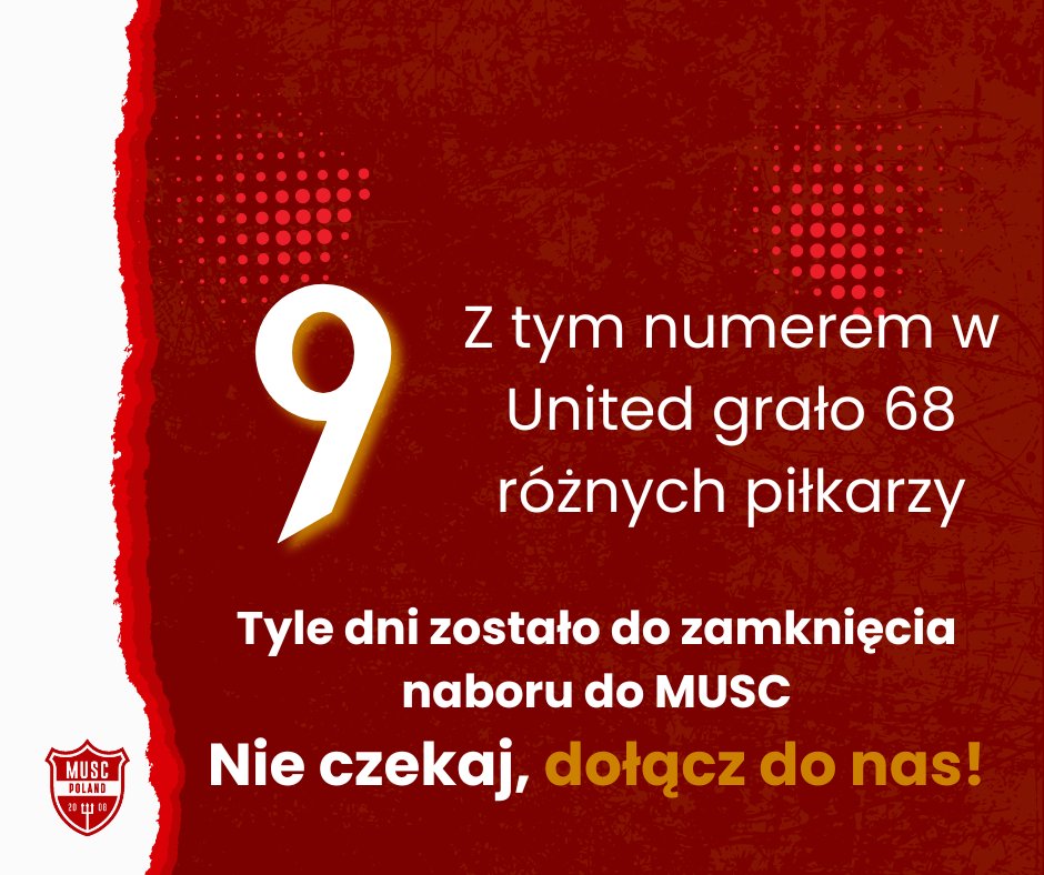 #Odliczamy czas do końca naboru do MUSC. Macie 9 dni na dołączenie.

Z tym numerem w United grało 68 różnych piłkarzy. Którą dziewiątkę wspominacie najlepiej?

Nie zwlekajcie, wejdźcie w link: musc.pl/dolacz-do-nas/ i wstąpcie w szeregi MUSC!