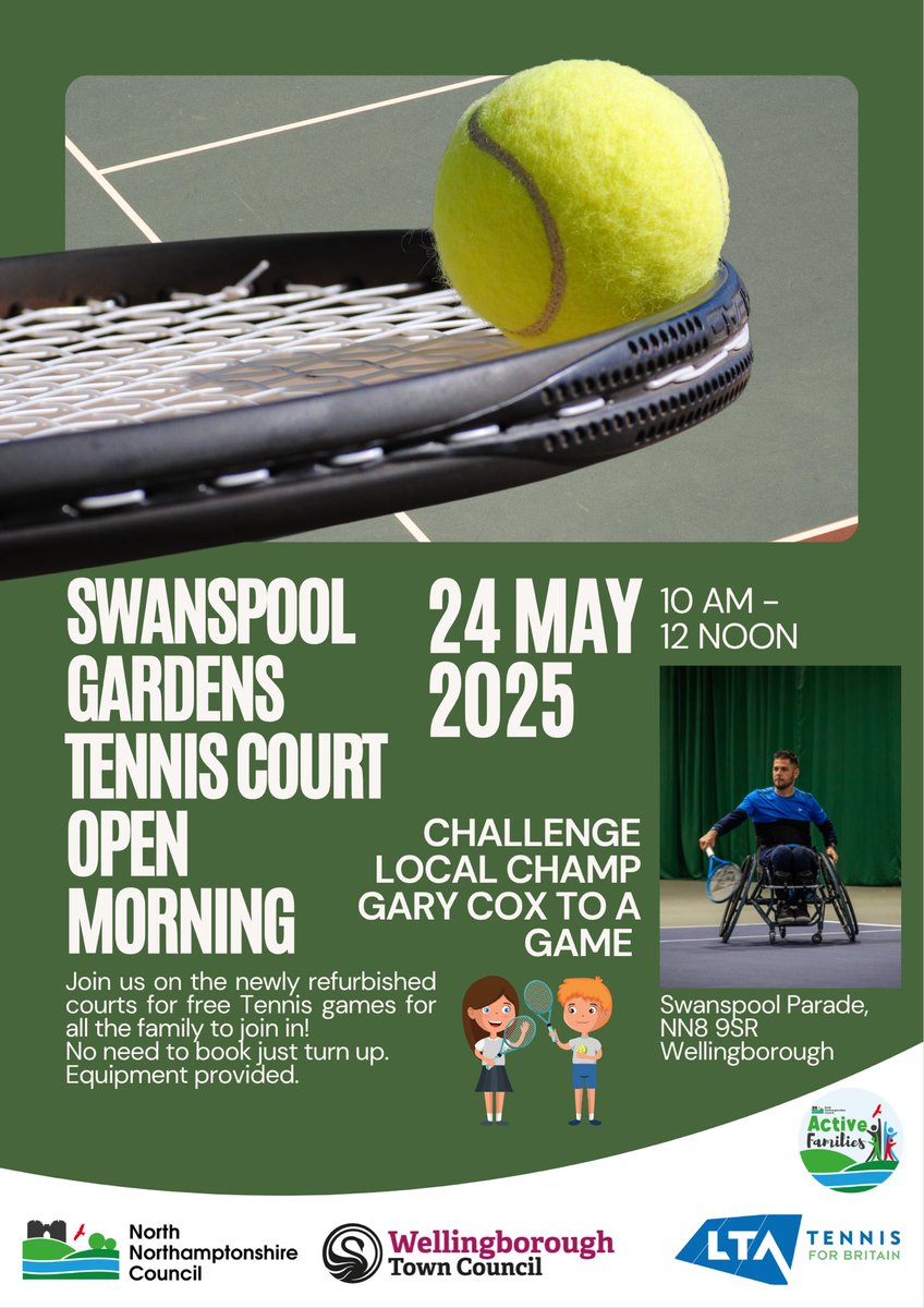 Swanspool Gardens Tennis Courts Opening 🎾

📅 Saturday, 24th May
⌚️ 10am-12noon
📍 Swanspool Parade, Wellingborough. NN8 9SR

Join us on the newly refurbished courts for FREE Tennis games for all the family join in.

No need to book just turn up. Equipment provided.