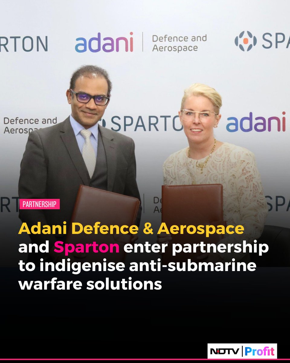 NDTVProfitAlpha's tweet photo. #AdaniDefence & Aerospace and #Sparton join forces to indigenise anti-submarine warfare solutions.
Read more: https://t.co/uuxvnUH5Fp https://t.co/MnEKsVQ04K