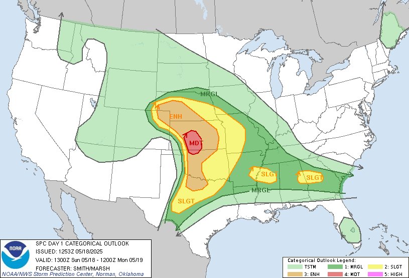glezak's tweet photo. There is a level 4 out of 5 risk later today into tonight centered over southwestern Kansas.  These maps are from the Storm Prediction Center, and they are showing a 15% probability of a strong to violent tornado happening within 25 miles of any spot over this risk area.  This is a significant risk. The thunderstorms that form will head northeast towards eastern Kansas and western Missouri and we will monitor them very closely.  #LRC #severeweather