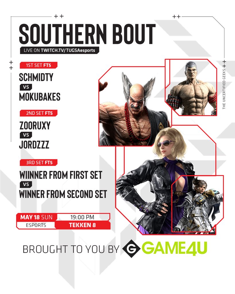 SOUTHERN BOUT 13

Apologies for the late announcement, but Southern Bout continues as per normal! 

Once again, this is brought to you by Game4u with a R200 voucher up for grabs.

Be sure to not miss out on the action on our Twitch tonight!🔥😎