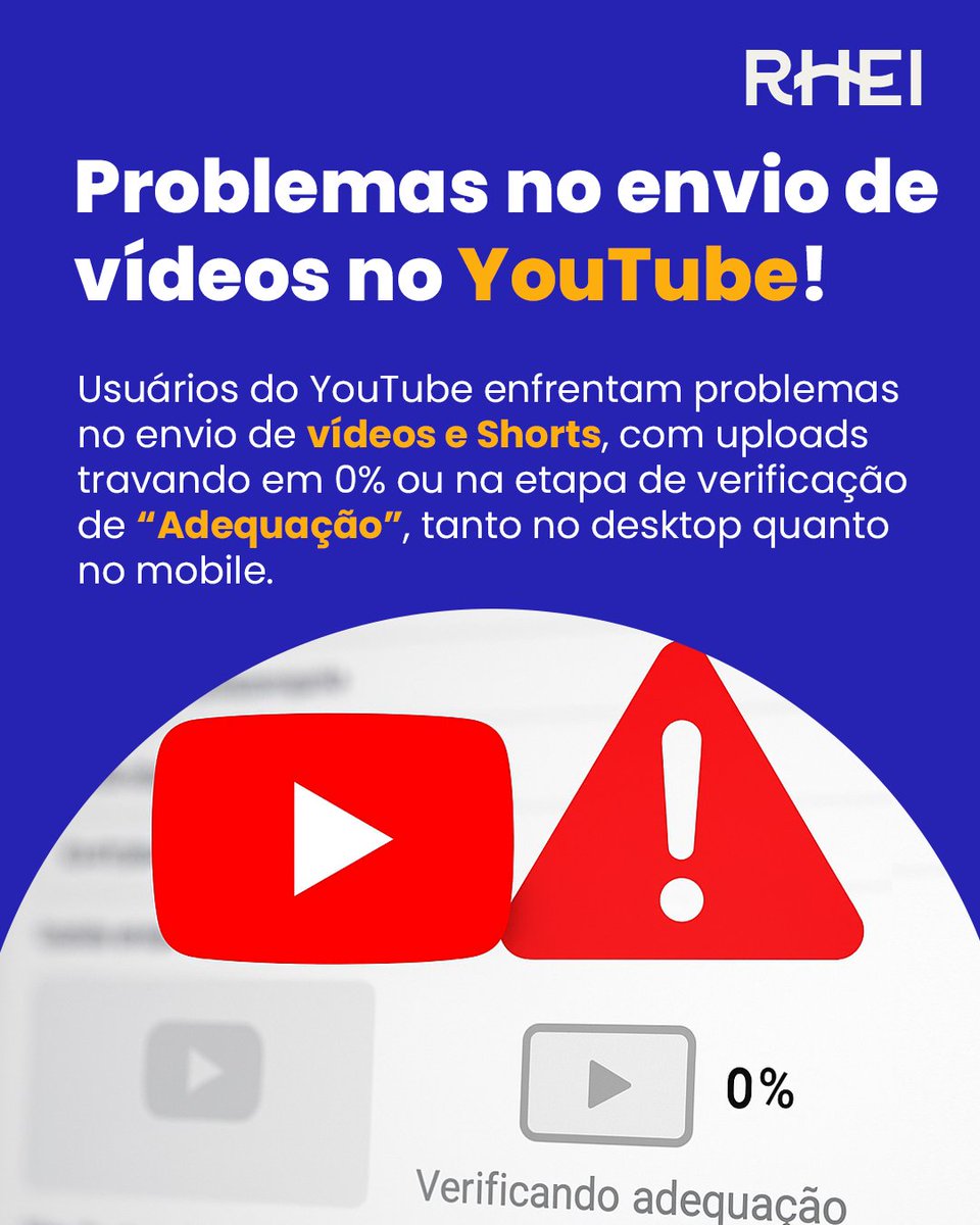 🚨 Problemas no YouTube: usuários relatam falhas ao enviar vídeos e Shorts, com uploads travados em 0% ou na verificação de “Adequação”. A equipe do YouTube já está ciente e trabalha para resolver. #YouTube #Bug #UploadTravado #RHEInotícias