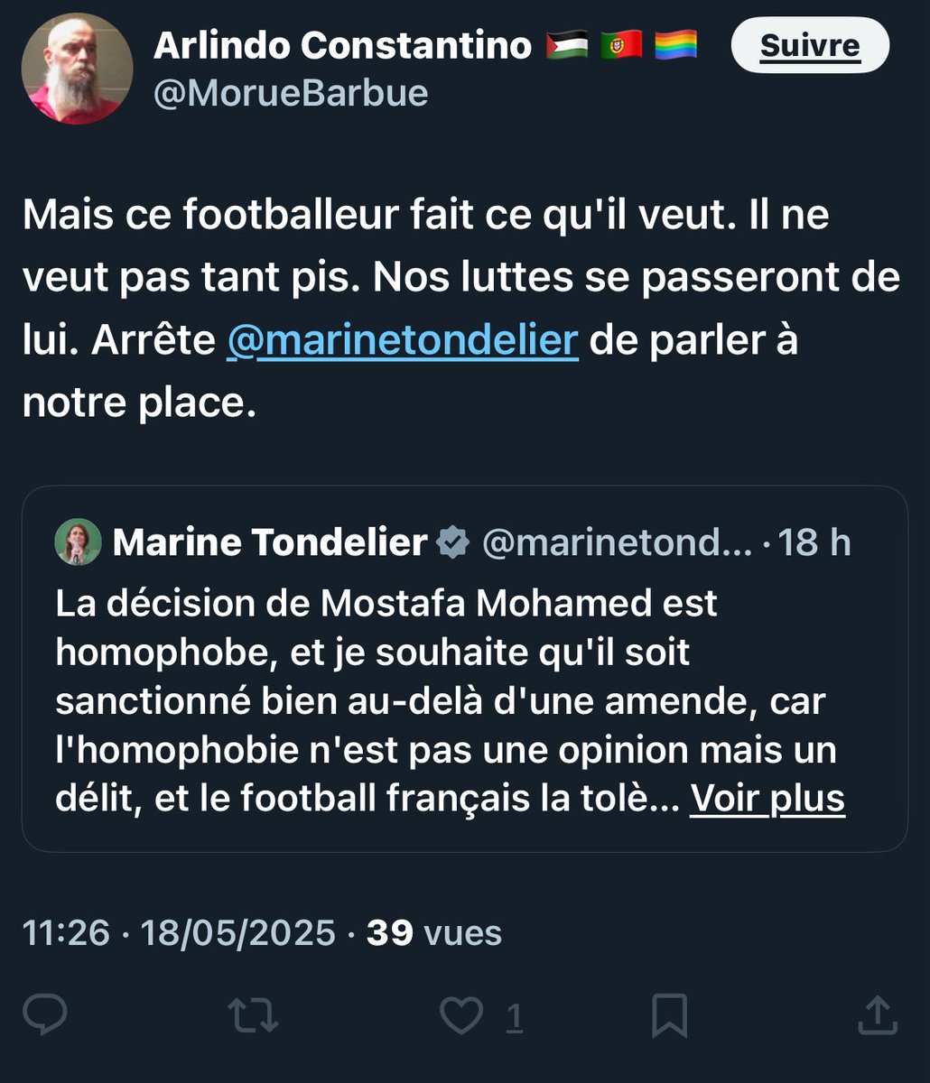 Faut quand même atteindre un sacré niveau de fétichisme ethnique pour accorder un passe-droit pareil juste parce que le mec est musulman. Le même fdp qui reproche à Israël de ne pas maltraiter les homosexuel(le)s par calcul politique. Et cette ordure est président d’act up 🤡
