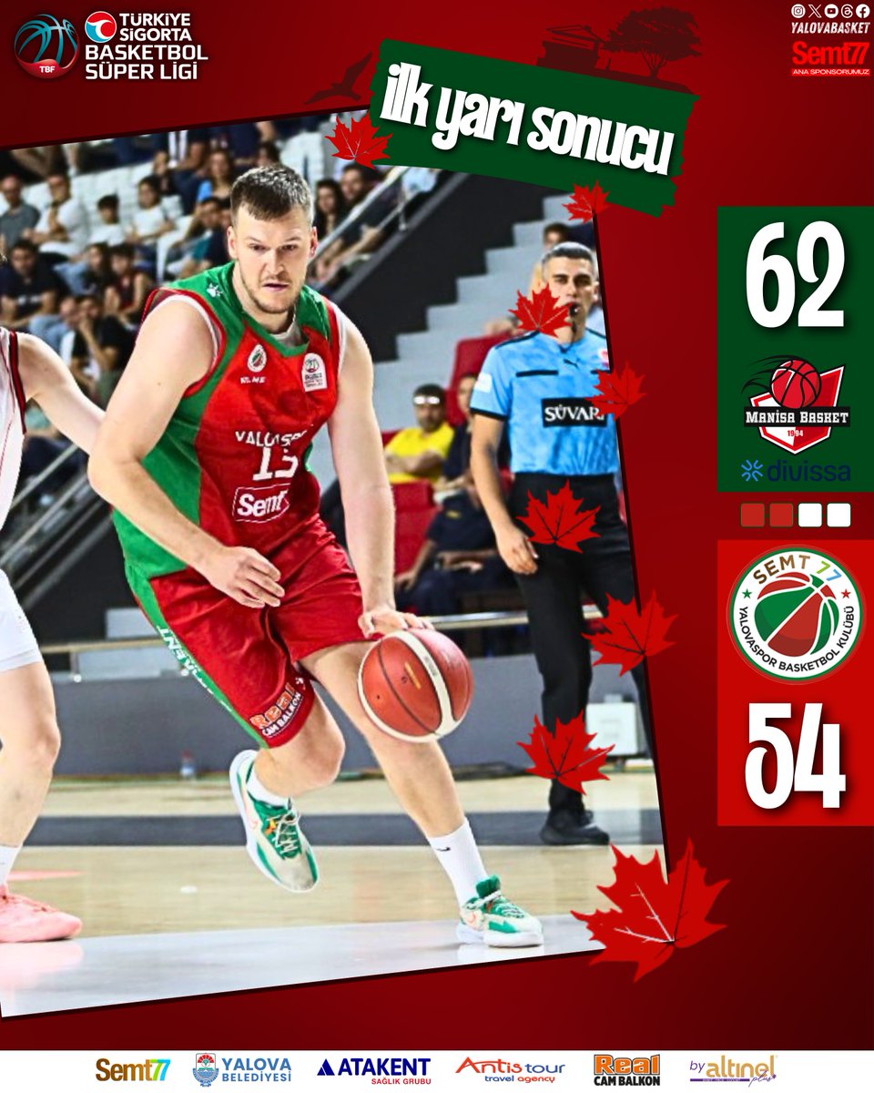 Semt77 Yalovaspor Basketbol (@yalovabasket) on Twitter photo 🏀 <a href="/basketsuperligi/">Türkiye Sigorta Basketbol Süper Ligi</a> Asım Pars Sezonu 30. Hafta
İlk Yarı Sonucu | Manisa Basket Divissa 62-54 Semt77 Yalovaspor
▶ Martin Krampelj 23 sayı
▶ Yiğit Onan 9 sayı
▶ Martin Peterka 6 sayı
▶ Kadir Bayram 5 sayı
▶ Melih Kapucu 5 sayı
▶ Ege Özçelik 3 sayı
▶ Boran Güler 3 sayı 🏀 <a href="/basketsuperligi/">Türkiye Sigorta Basketbol Süper Ligi</a> Asım Pars Sezonu 30. Hafta
İlk Yarı Sonucu | Manisa Basket Divissa 62-54 Semt77 Yalovaspor
▶ Martin Krampelj 23 sayı
▶ Yiğit Onan 9 sayı
▶ Martin Peterka 6 sayı
▶ Kadir Bayram 5 sayı
▶ Melih Kapucu 5 sayı
▶ Ege Özçelik 3 sayı
▶ Boran Güler 3 sayı