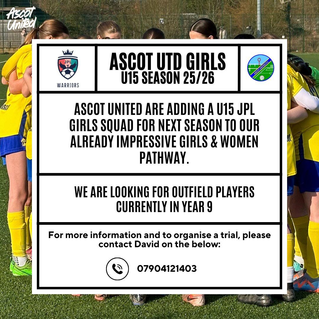 Ascot United Women & Girls FC (@ascotwomenfc) on Twitter photo ๐ผ๐จ๐๐ค๐ฉ ๐๐๐ง๐ก๐จ ๐15 ๐
๐๐ 25/26
Outfield Players Wanted
Current year 9
Weโre adding a new JPL Warriors team to our lineup for next season.
For more information and to arrange a trial, please contact David 07904121403.
@girlsfootballtrials
@jpl_warriors
#WeAreAscot ๐ผ๐จ๐๐ค๐ฉ ๐๐๐ง๐ก๐จ ๐15 ๐
๐๐ 25/26
Outfield Players Wanted
Current year 9
Weโre adding a new JPL Warriors team to our lineup for next season.
For more information and to arrange a trial, please contact David 07904121403.
@girlsfootballtrials
@jpl_warriors
#WeAreAscot