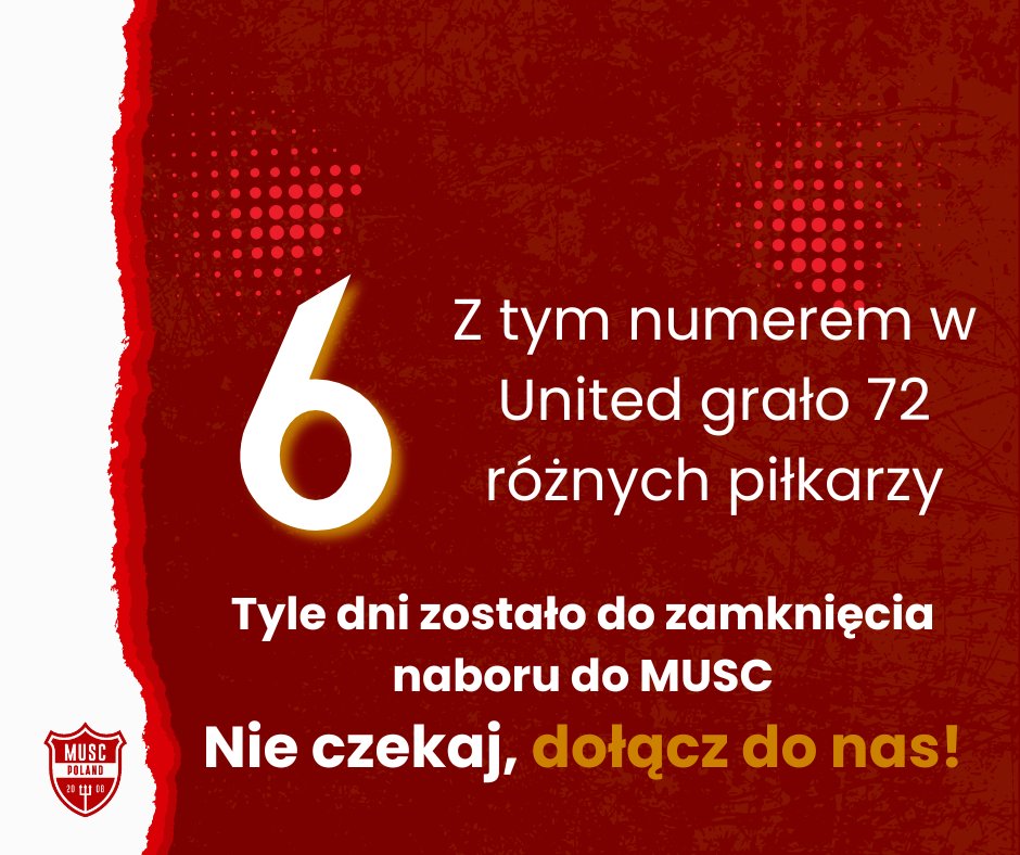 #Odliczamy czas do końca naboru do MUSC. Macie 6 dni na dołączenie.

Pogba, Brown, Pallister? A może ktoś inny. Z jakim piłkarzem kojarzy ci się 6 na plecach?

Nie zwlekajcie, wejdźcie w link: musc.pl/dolacz-do-nas/ i wstąpcie w szeregi MUSC!