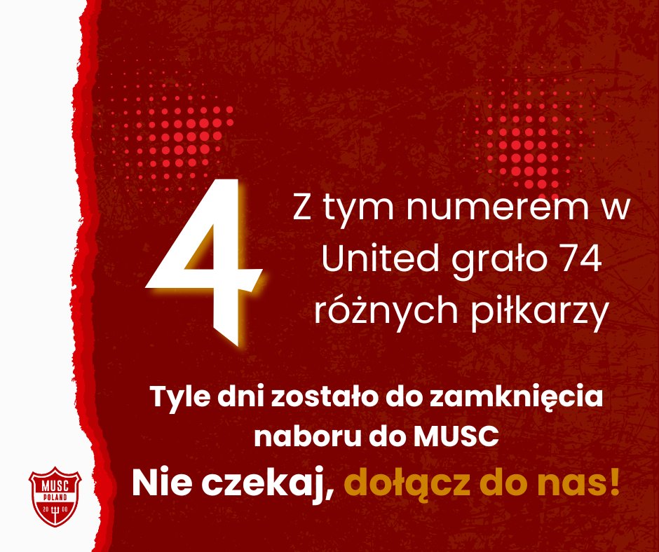 #Odliczamy czas do końca naboru do MUSC. Macie 4 dni na dołączenie.

Jones, Veron, Heinze? A może ktoś inny? Z jakim piłkarzem kojarzy ci się 4 na plecach?

Nie zwlekajcie, wejdźcie w link: musc.pl/dolacz-do-nas/ i wstąpcie w szeregi MUSC!