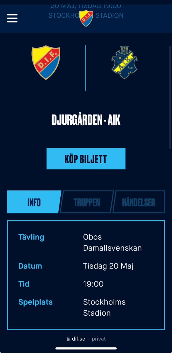 En supporter till <a href="/DIF_Fotboll/">Djurgården Fotboll</a>/<a href="/DIFDam/">DIF Fotboll Dam</a> kontaktade oss och vill ge upp till 12 🇺🇦 flyktingar i 🇸🇪 fotbollsbiljetter till tisdagens stekheta 08-derby mot <a href="/AIKfotboll/">AIK Fotboll</a>/<a href="/AIKFotbollDam/">AIK Fotboll Dam</a>. Vi och våra samarbetspartners letar nu upp mottagare som kommer att gå in gratis.

Idrottsglädje! 👏