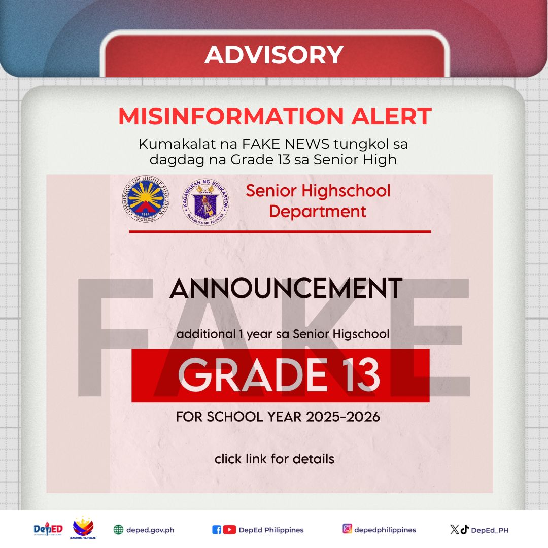 News5PH's tweet image. Pinabulaanan ng Department of Education #DepEd ang kumakalat na post sa social media na umano'y dagdag na Grade 13 sa Senior High School #SHS.
"Muling pinaaalalahanan ng DepEd ang publiko na mag-ingat at maging mapanuri laban sa misinformation," saad ng ahensya ngayong Linggo,…