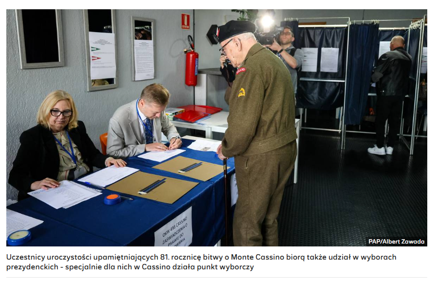 A special polling station has been set up in Cassino, Italy so Polish veterans attending commemorations of the anniversary of the 1944 Battle of Monte Cassino - in which Polish forces played an important role - can vote in today's presidential election msn.com/pl-pl/wiadomos…